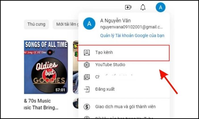 Nhấn vào biểu tượng hình tròn và chọn mục Tạo kênh