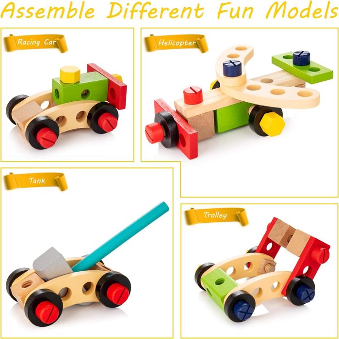 Four unique toy models to build: a race car, helicopter, tank, and trolley