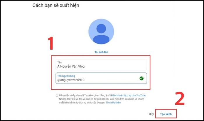 Nhập tên theo ý muốn và nhấn vào Tạo kênh