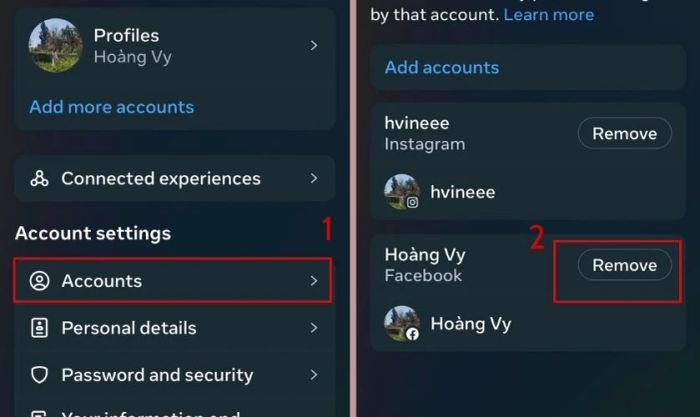 Vào mục Tài khoản (Accounts) và chọn tài khoản muốn gỡ liên kết với Instagram, rồi nhấn Xóa