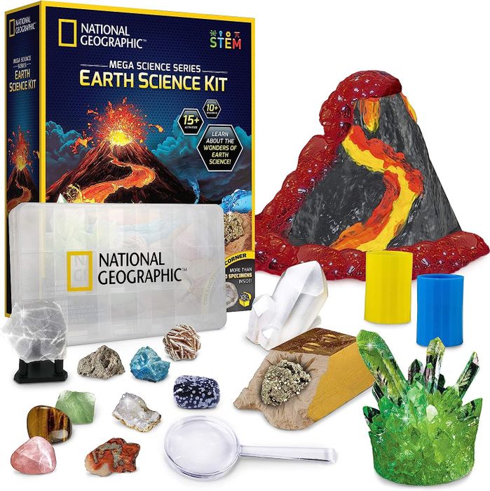 National Geographic Mega Science Series Earth Science Kit featuring crystals, rocks, a volcano model, and informative educational materials