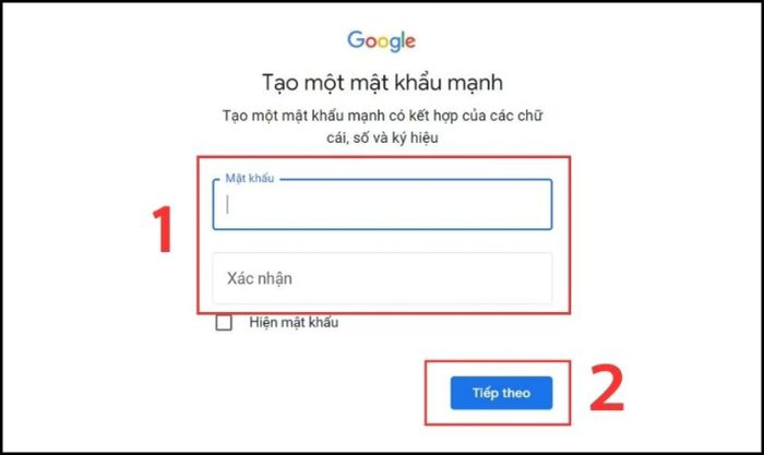 Tạo mật khẩu và nhấn vào Tiếp theo