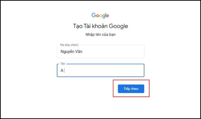 Nhập họ tên đầy đủ và chọn Tiếp theo