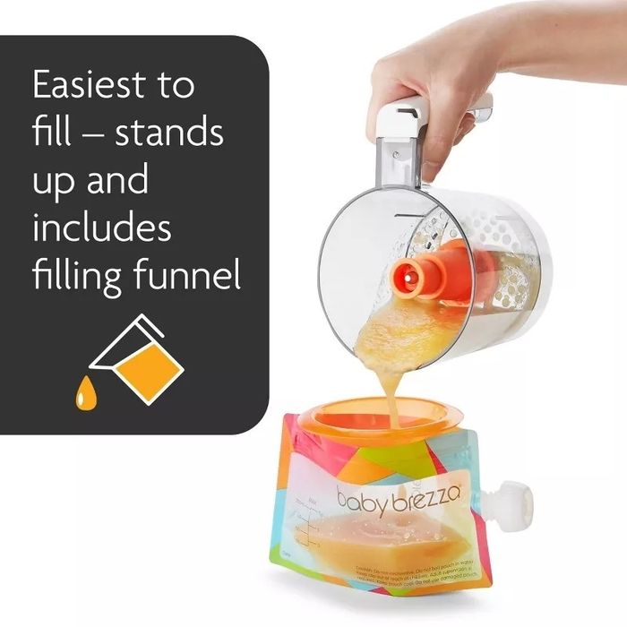 A hand pouring liquid into a Baby Brezza pouch using a funnel; this product makes filling and storing food convenient.