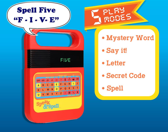 Speak & Spell toy featuring a red handle and keyboard, displaying a word for interactive learning