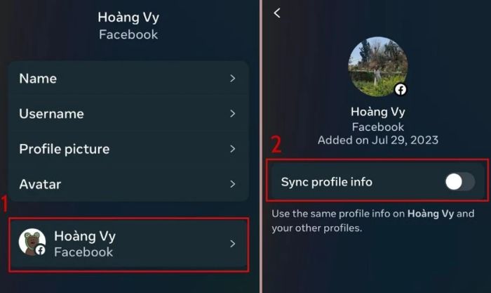 Chọn tên Facebook một lần nữa ở dưới và bật tính năng Đồng bộ hóa tài khoản