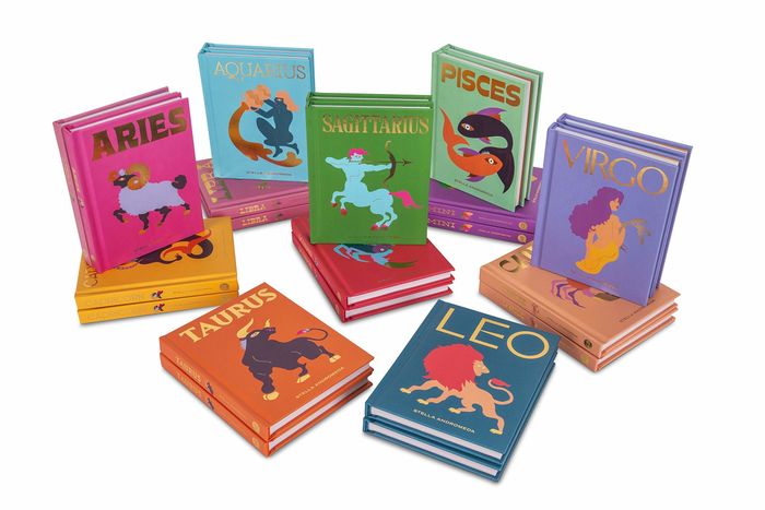 The books, each with a foil-embossed title representing the zodiac signs, along with a vibrant illustration of the sign, each bound in a unique and colorful cover.