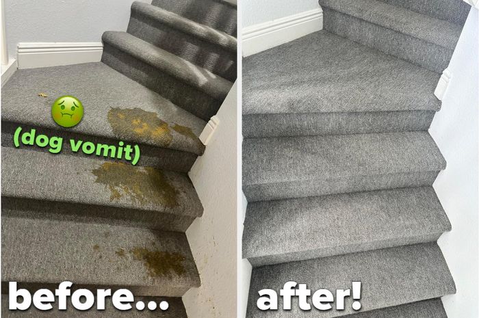 A reviewer’s before picture showing carpeted gray stairs covered in dog vomit, followed by an after picture showcasing the stairs spotless and clean thanks to the Bissell.