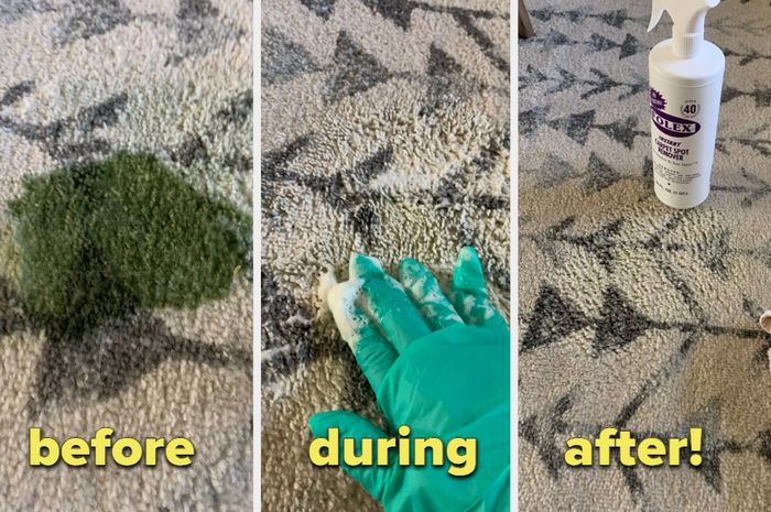 A reviewer’s three-step photo series showing a large green stain on a beige carpet, during the scrubbing with Folex, and finally after, with no trace of the green stain left.