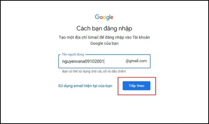 Nhập tên đăng nhập và nhấn vào Tiếp theo