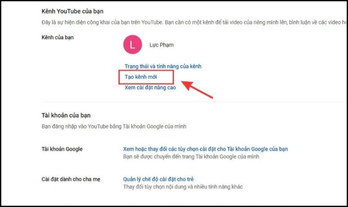 Chọn Tạo kênh mới