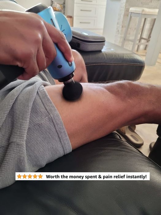 A reviewer using the round attachment on their thigh, accompanied by a glowing five-star review.