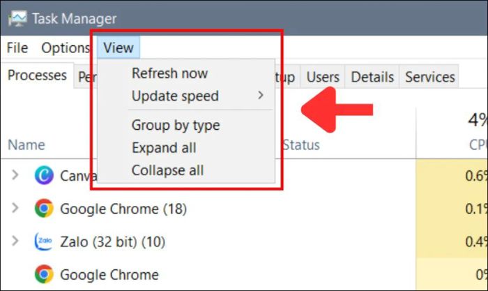 Ý nghĩa chức năng View trong Task Manager