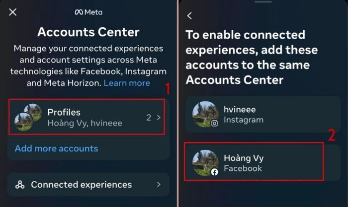Nhấn vào mục Tài khoản và chọn tên tài khoản Facebook của bạn