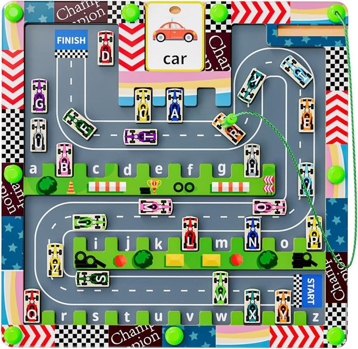 A bright, educational maze toy with a winding path and various toy cars, each labeled with a different letter of the alphabet