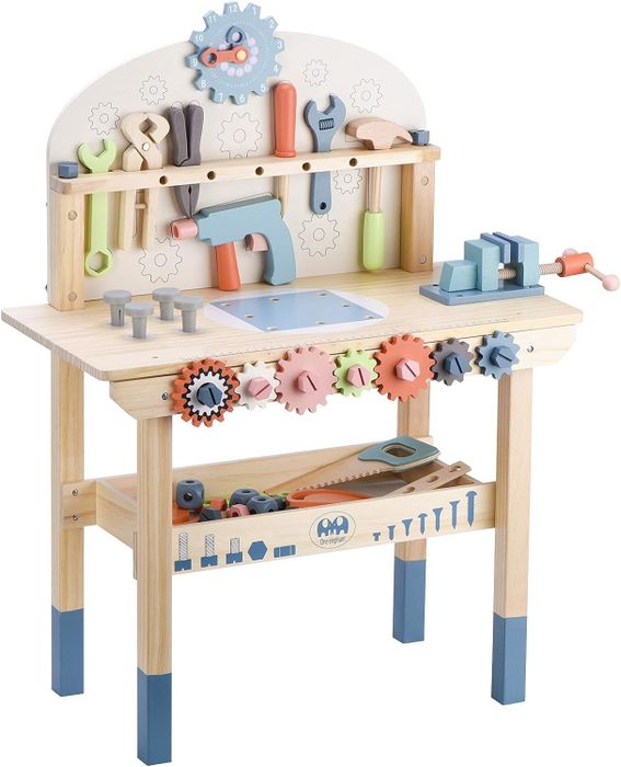 A children's wooden tool bench set featuring toy tools such as a drill, wrench, saw, and vice