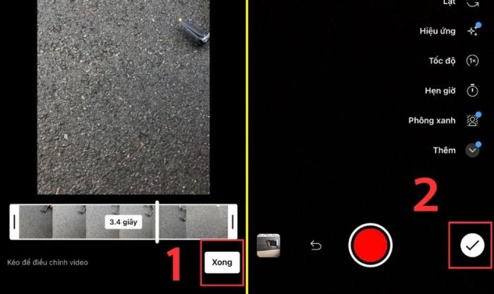 Điều chỉnh video, nhấn chọn Xong và sau đó chọn biểu tượng dấu tích