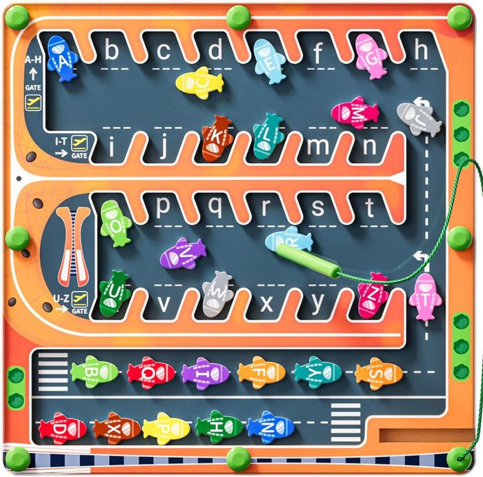 An alphabet toy board featuring colorful airplanes for each letter from A to Z, all on tracks