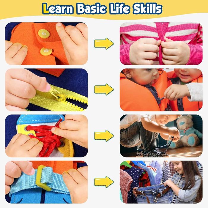 A collage showcasing children learning essential skills like buttoning, zipping, tying shoelaces, using velcro, and dressing themselves