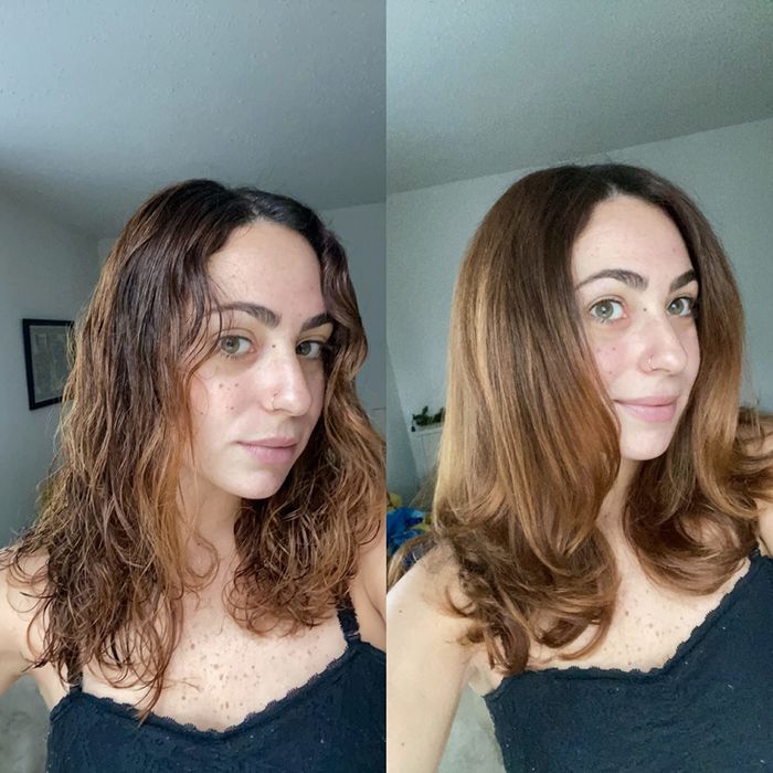 A reviewer showing wet wavy hair before and perfectly styled dry hair with curled ends after using the brush