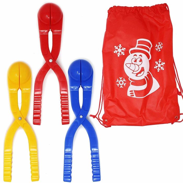 A set of three snowball-making tools in red, yellow, and blue, each featuring a rounded top and a hinged opening for perfect snowballs every time.
