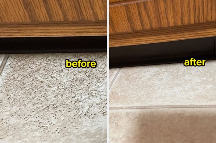 A reviewer's comparison of their 20-year-old, dirty floor before and after using the wipes, revealing a bright and spotless surface that looks like new.