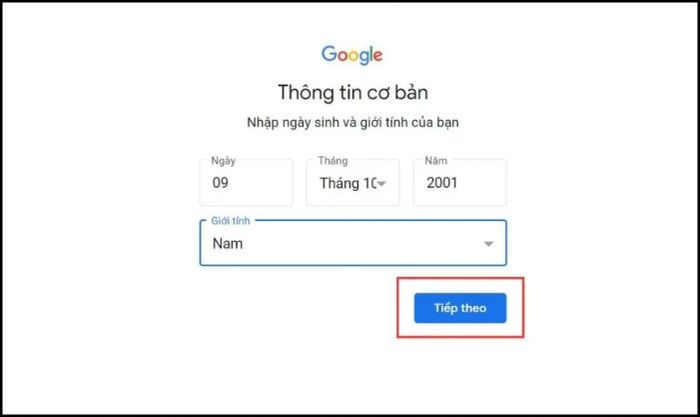 Nhập thông tin ngày tháng năm sinh và nhấn Tiếp theo