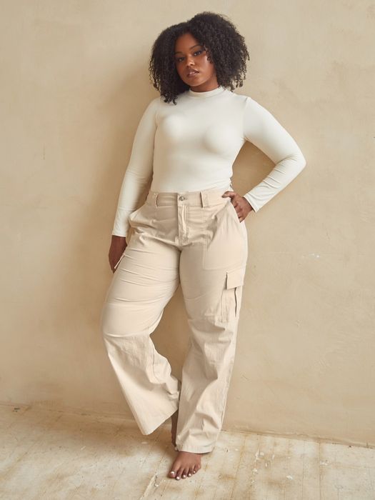 Model wearing the nude-colored cargo pants