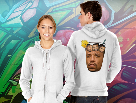 zip-up hoodie featuring Ice-T’s face shaped like a glass, with tiny square images of rapper Ice Cube on it