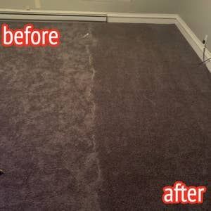 photo from a reviewer showing half of their carpet covered in fur, with the other half spotless after using the broom