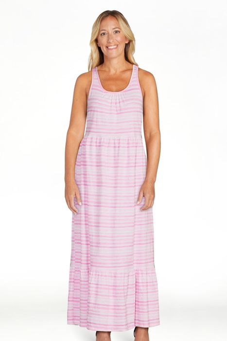 The model is wearing the pink stripe dress.
