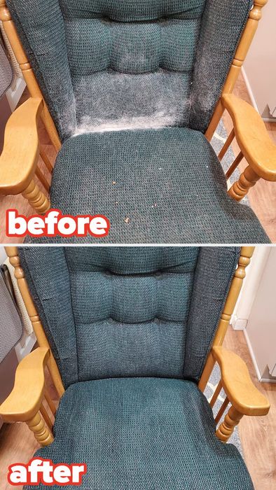 before and after photo of a chair, first covered in fur, then spotless after using the pet hair remover roller