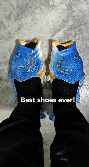 a reviewer wearing blue fish sandals with a caption declaring them the best shoes ever