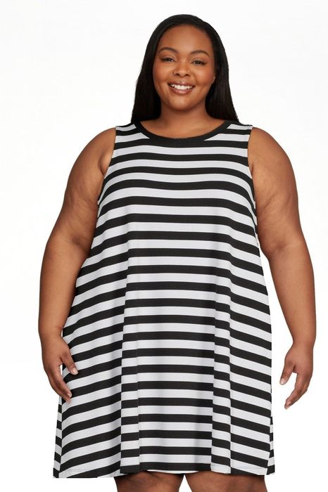 The model is wearing the black soot stripe dress.