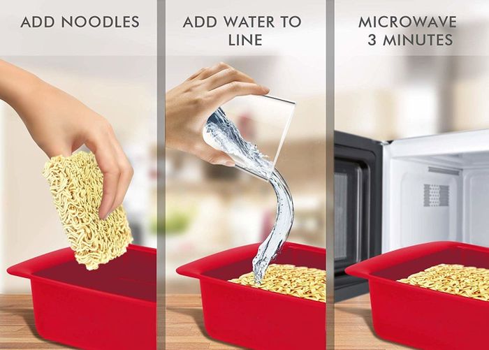 A chart showing three easy steps: 1) Add noodles, 2) Pour in water to the line, 3) Microwave for 3 minutes