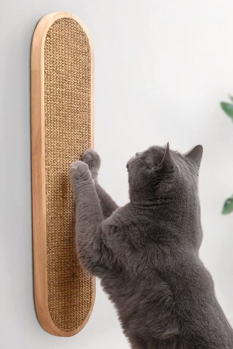 A cat using the wall-mounted scratching post to scratch away happily.