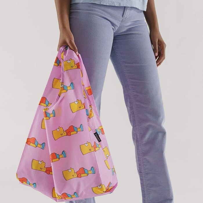 a pink bag featuring Bart-themed patterns