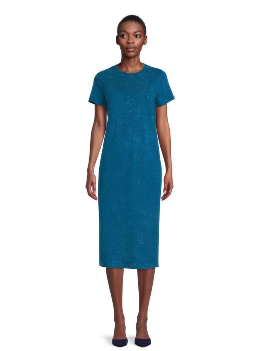 The model is wearing the turquoise dress.