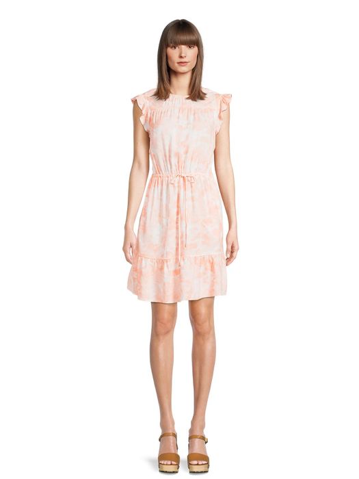 The model is wearing the peach sherbet dress.