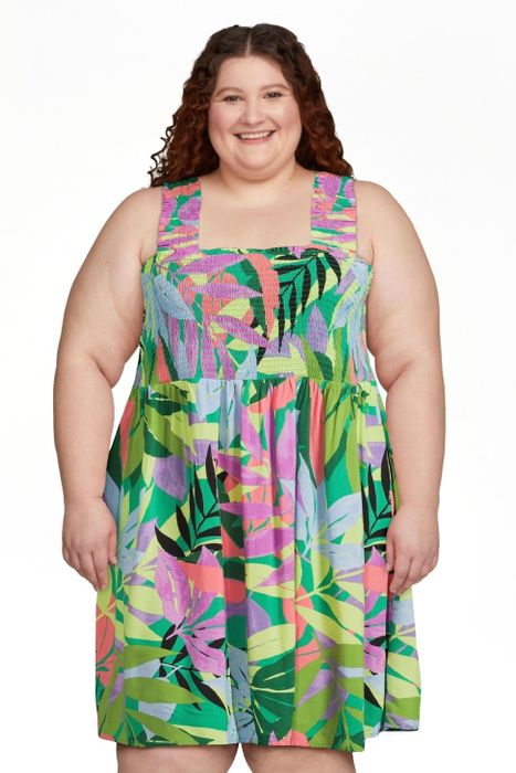 Model wearing the big leaf astro green dress.