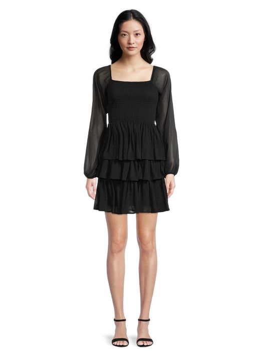 The model is wearing the black dress.