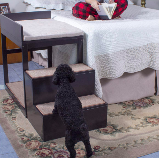 A dog climbing the steps to the upper level of the bunk bed. Positioned beside the owner's bed, it allows the dog to easily get on and off, keeping them close through the night.
