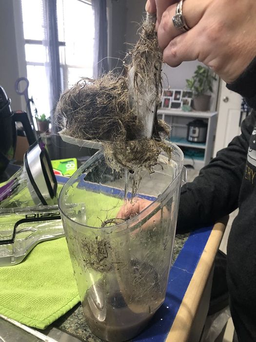 A reviewer pulls a giant hairball from their vacuum.