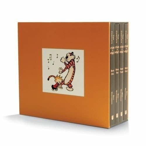 An orange box featuring Calvin and Hobbes dancing, with four volumes inside