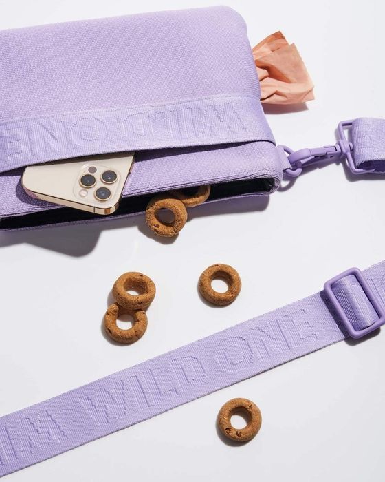 A close-up of the bag, highlighting its two separate pockets and the poop bag dispenser attached to the side.