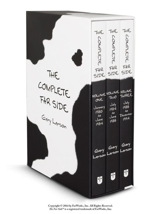 A cow-print box set labeled 'The Complete Far Side'