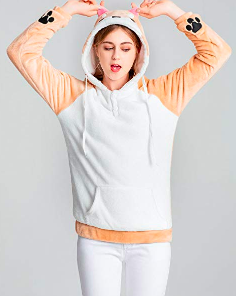 A Shiba hoodie with a pouch and paw prints on the sleeves.