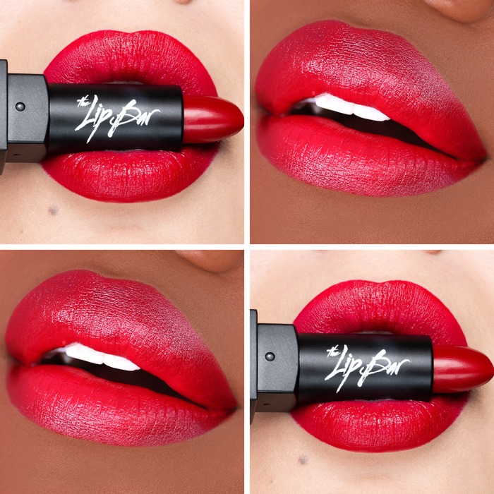 Close-up of lips showcasing a bold red lipstick