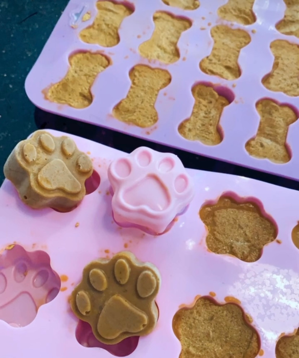 A reviewer’s image showing paw print and dog bone shaped molds filled with delicious frozen treats.