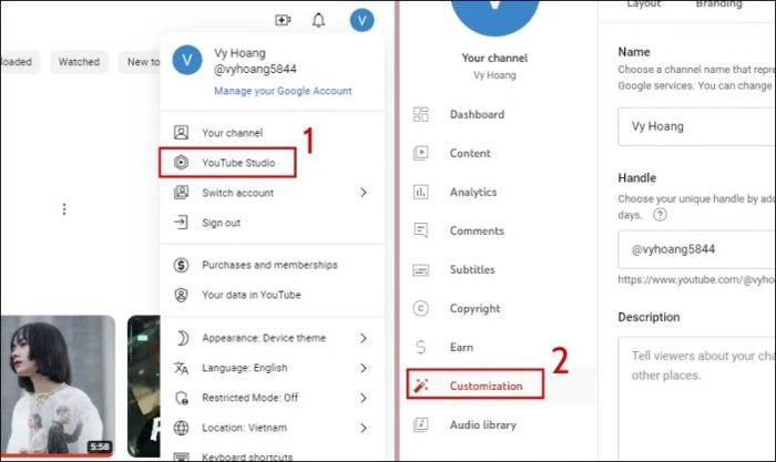 Chọn mục YouTube Studio và tiếp tục chọn lệnh Tùy chỉnh